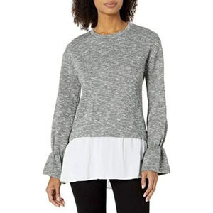 BCBGeneration Gray & White Mixed Media Long Sleeve Blouse S